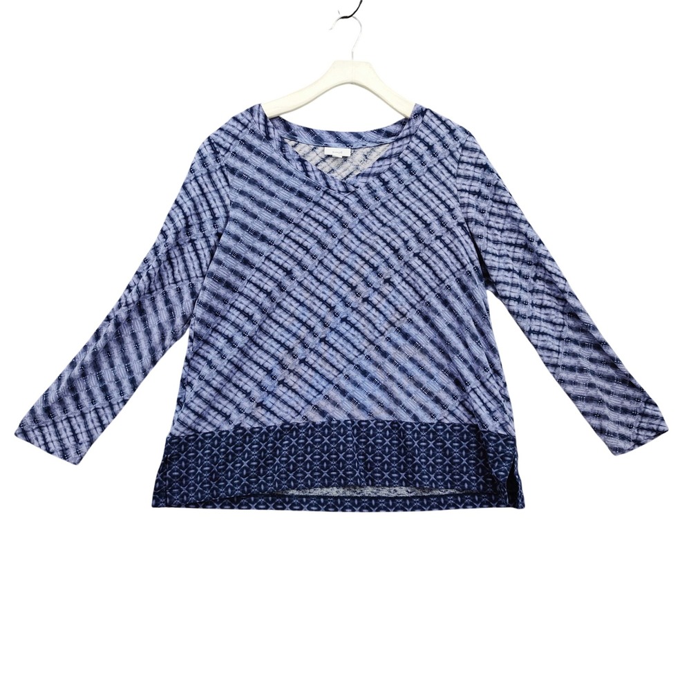 J. Jill Womens Boho Coastal Cotton Modal V-Neck Top L Blue Tie Dye Shibori